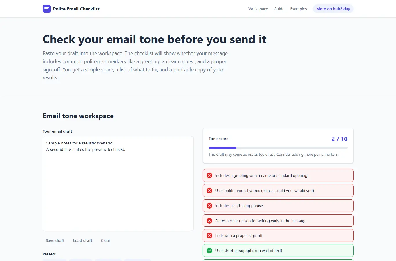 Screenshot of Polite Email Tone Checklist interface showing the project page in use
